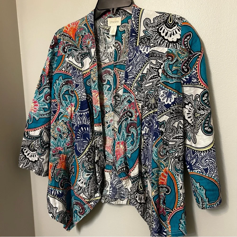 Chicos Linen Jacket Womens 1 US Blue Paisley Open‎ Front 3/4 Sleeves Lagenlook